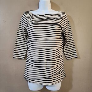 Verve Womens Top Size S White Black Striped Tiered Layered 3/4 Sleeve Boat Neck